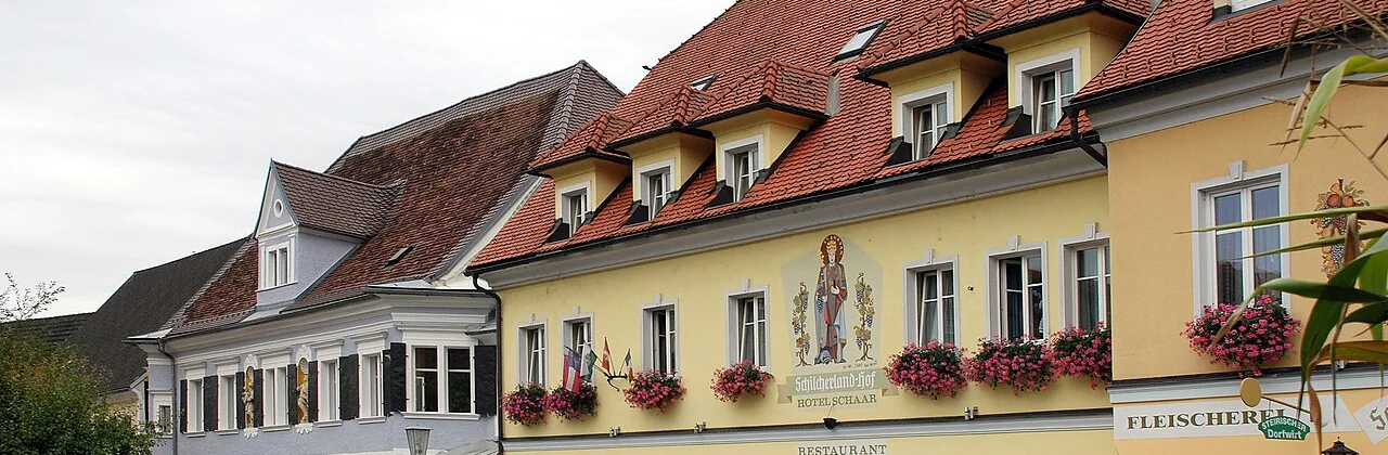 Mehrere österreichische Häuser mit roten Dächern und Blumenschmuck